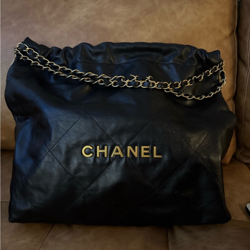 Chanel 22 Small Black Leather Shoulder Bag with Gold Chain
